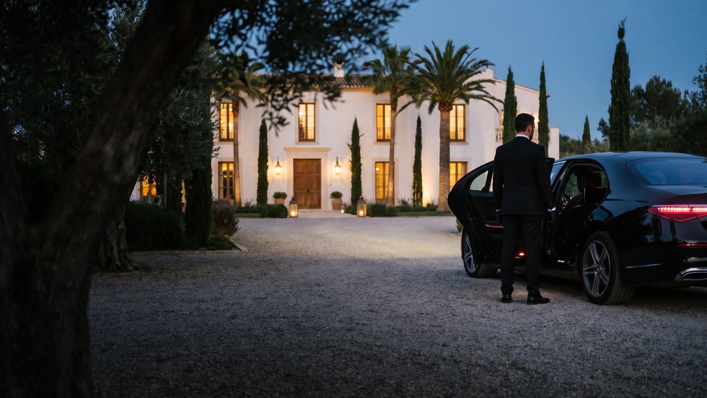 Chauffeur tenant la portière d'une Mercedes Classe S noire dans l'allée d'une villa, à l'heure bleue