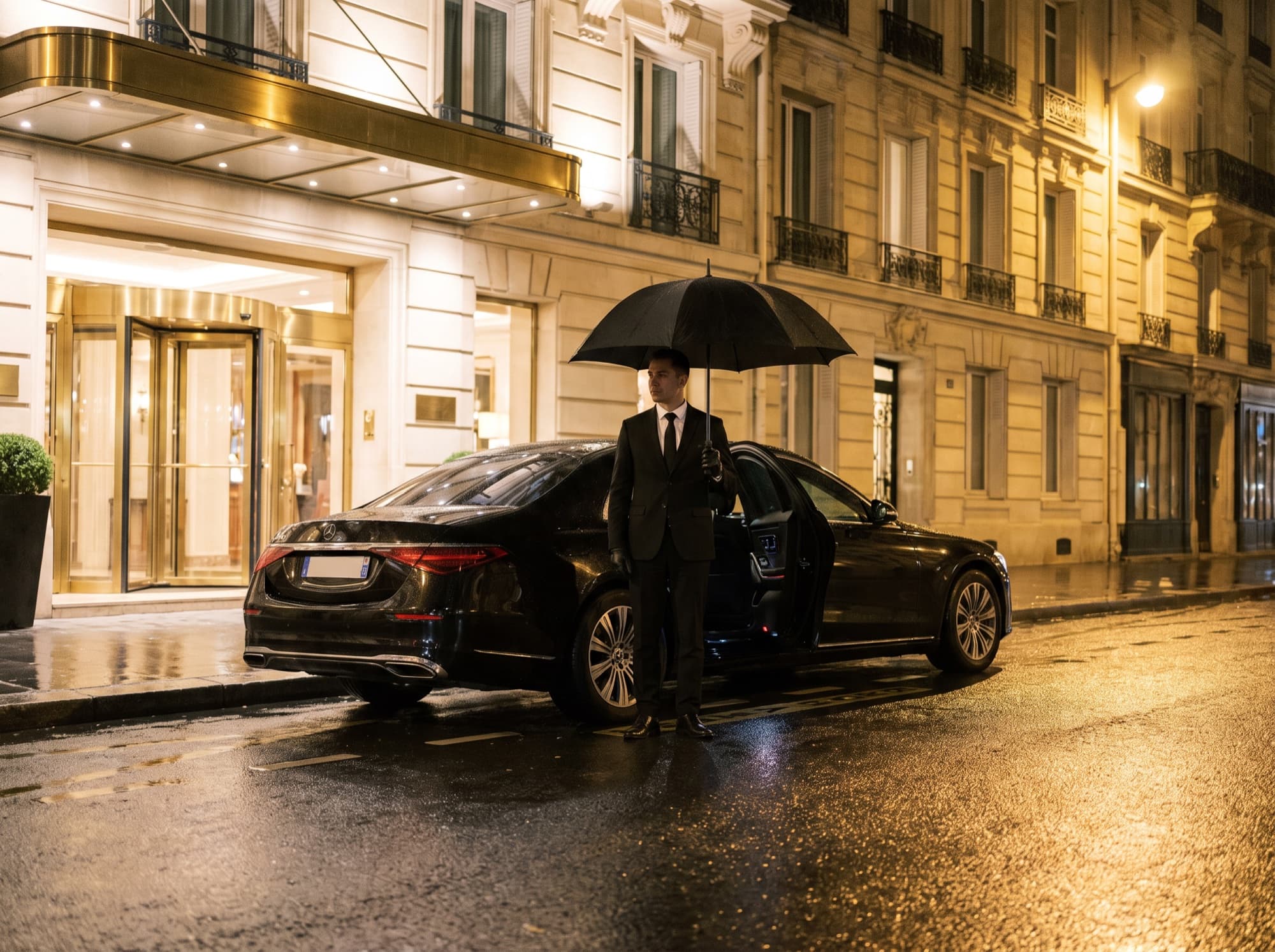 Chauffeur attendant sous un parapluie près d'une Mercedes Classe S, un soir de pluie à Paris