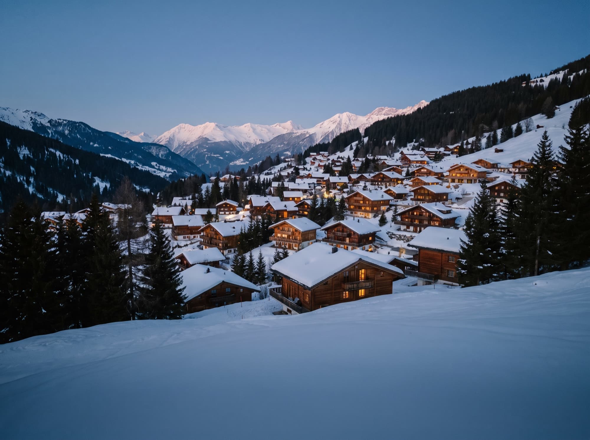 Village de montagne enneigé à l'heure bleue, chalets éclairés
