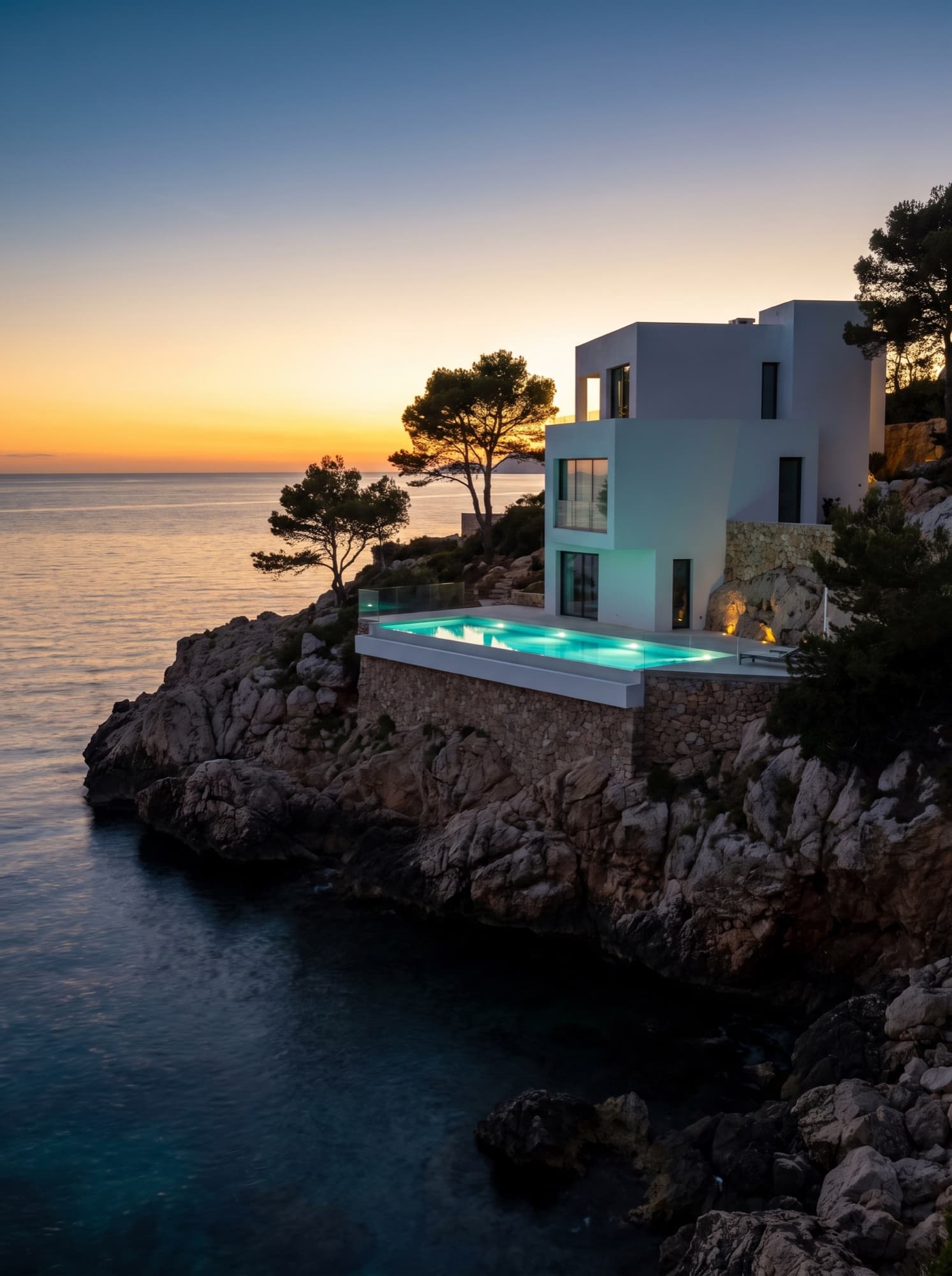 Villa blanche sur une falaise d'Ibiza au coucher du soleil
