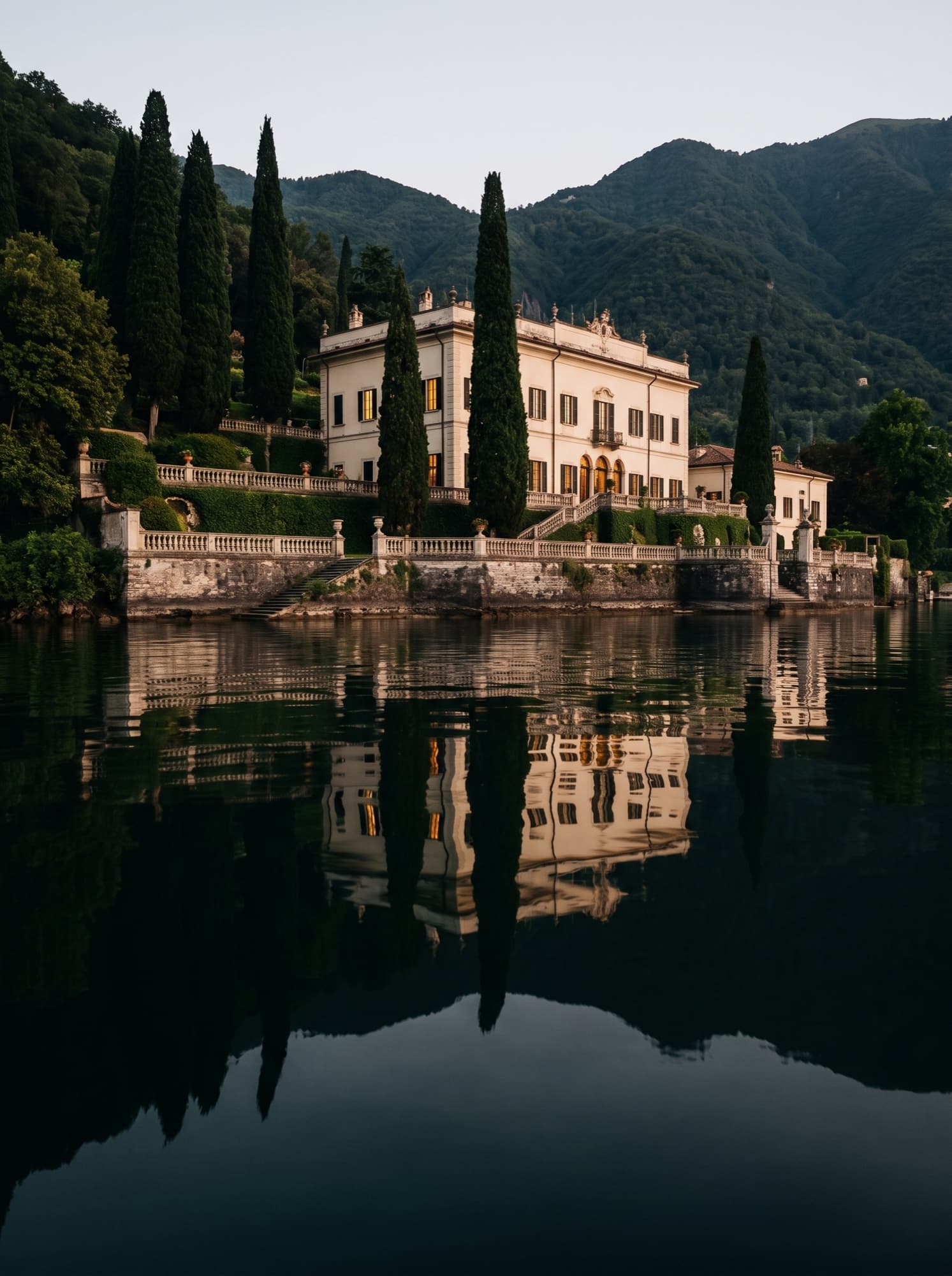 Villa au bord du lac de Côme au crépuscule, reflétée dans l'eau