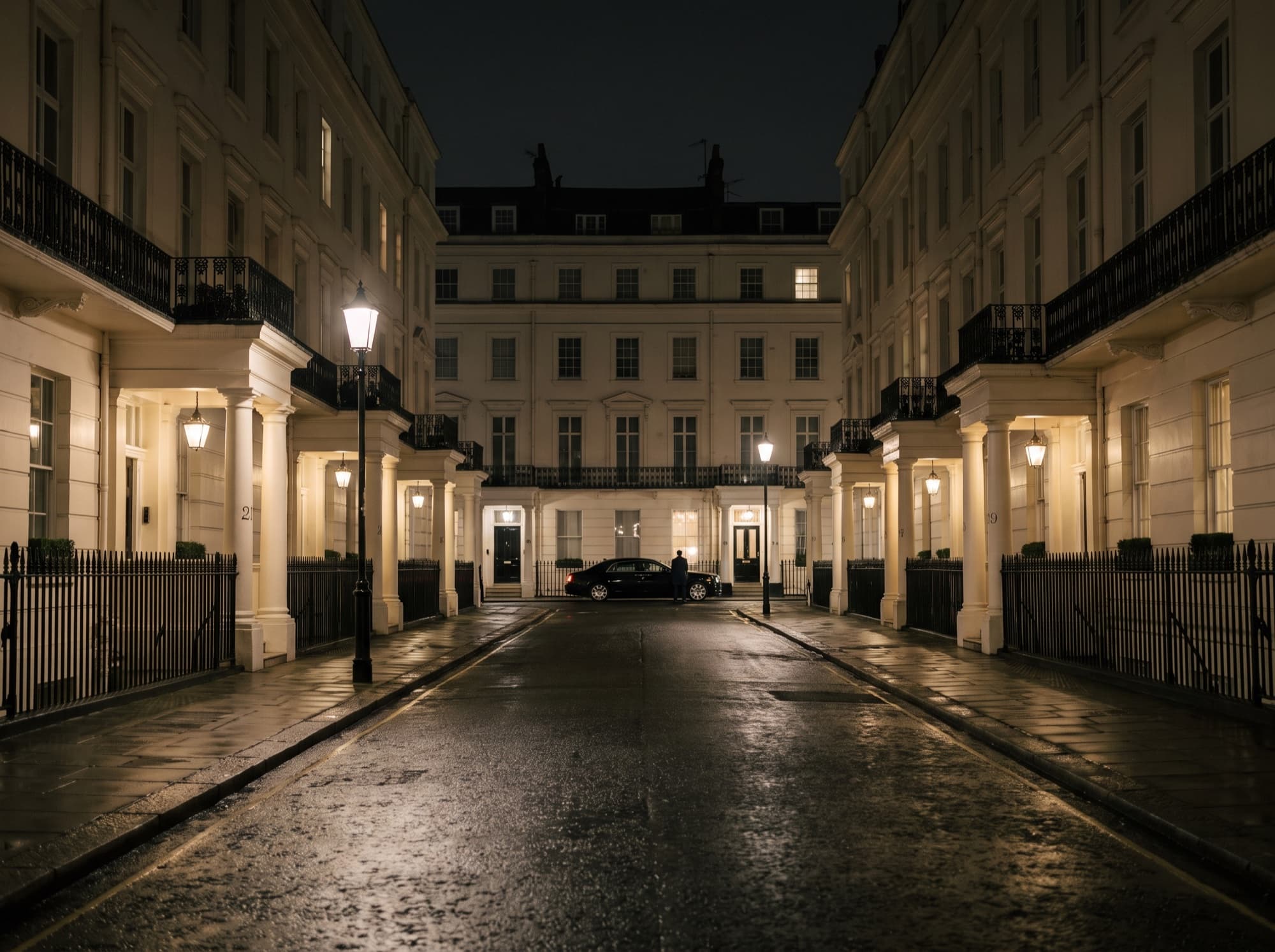Rue de maisons blanches à Belgravia, Londres, de nuit après la pluie